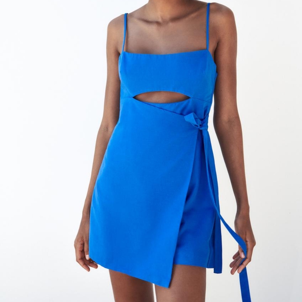 Zara Cutout Wrap Waist Side Tie Skirt Romper Mini Shorts Sleeveless Blue XS